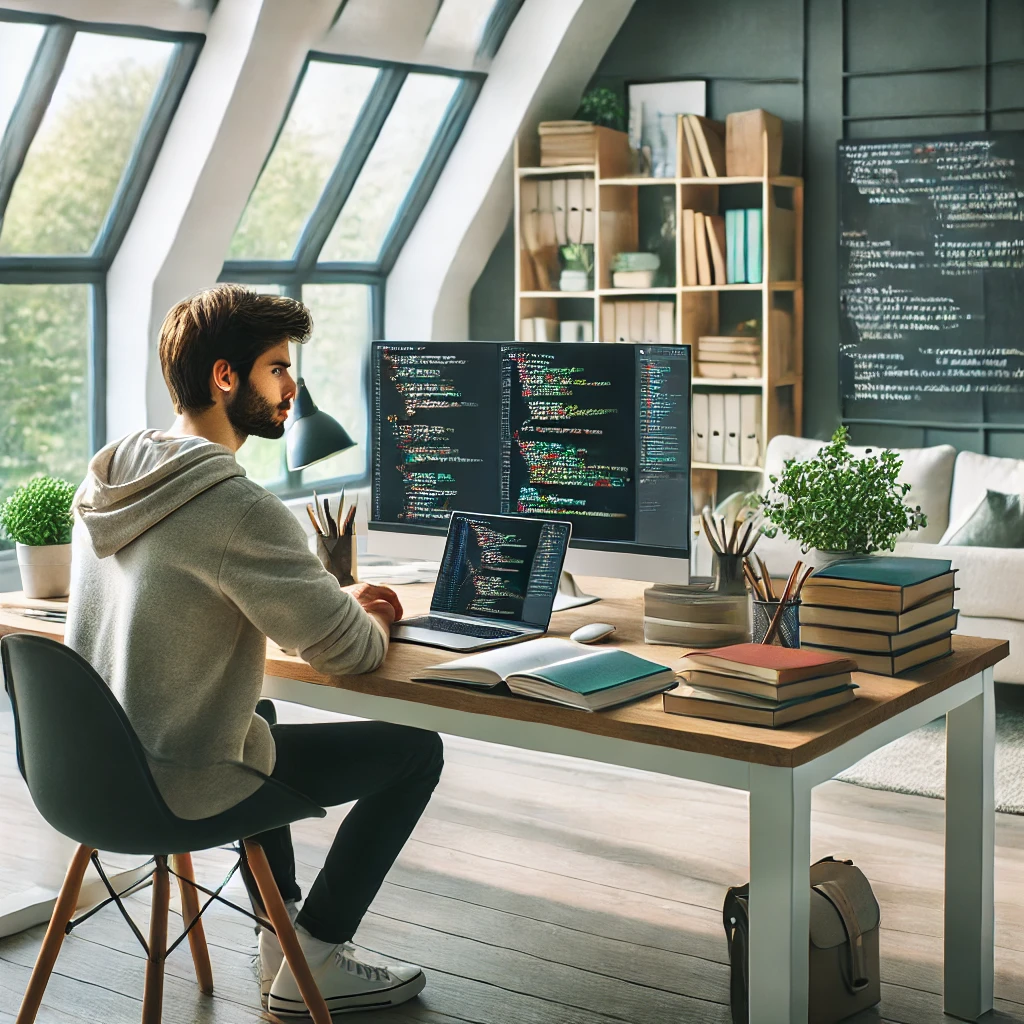 high-tech study room with a person deeply engaged in studying